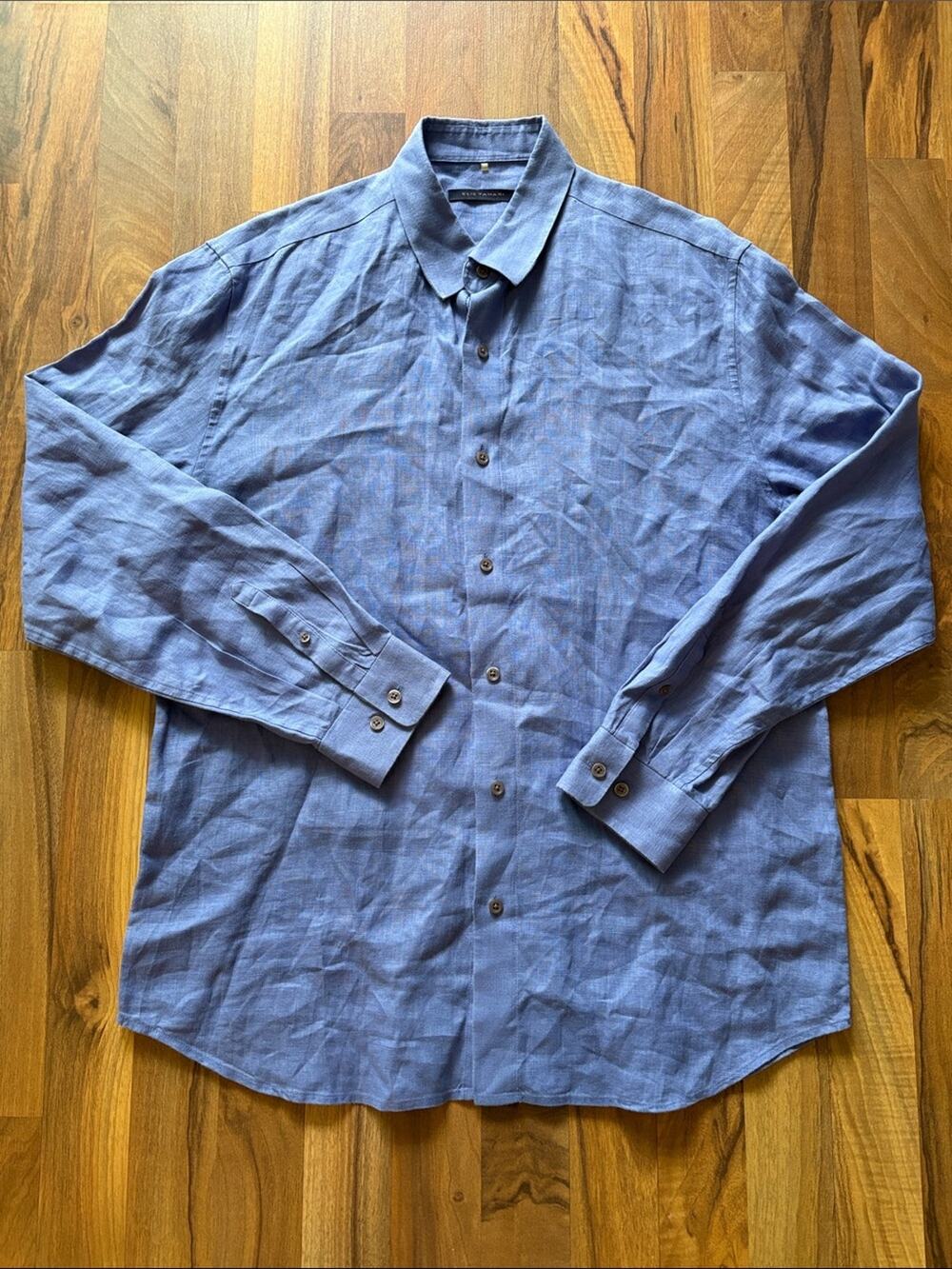Elie Tahari Blue Linen Long-Sleeve Button-Up Shirt Size L